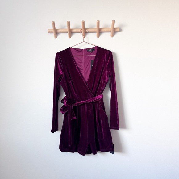 Lulu's Velvet Long Sleeve Romper in DeepMaroon Red - Picture 12 of 12
